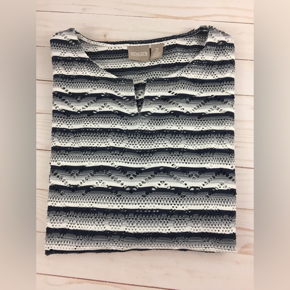 Chicos Size 2 (L/12) Navy White Striped 3/4 Sleeve Cutout Top Shirt - Picture 9 of 9